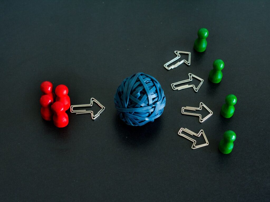 Red and green groups redirected by arrows.