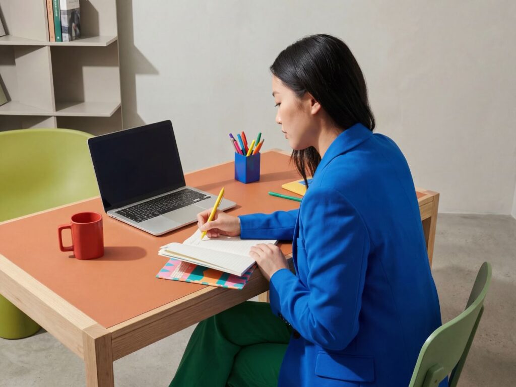 Woman writing in a notebook at a desk with a laptop and coffee mug.