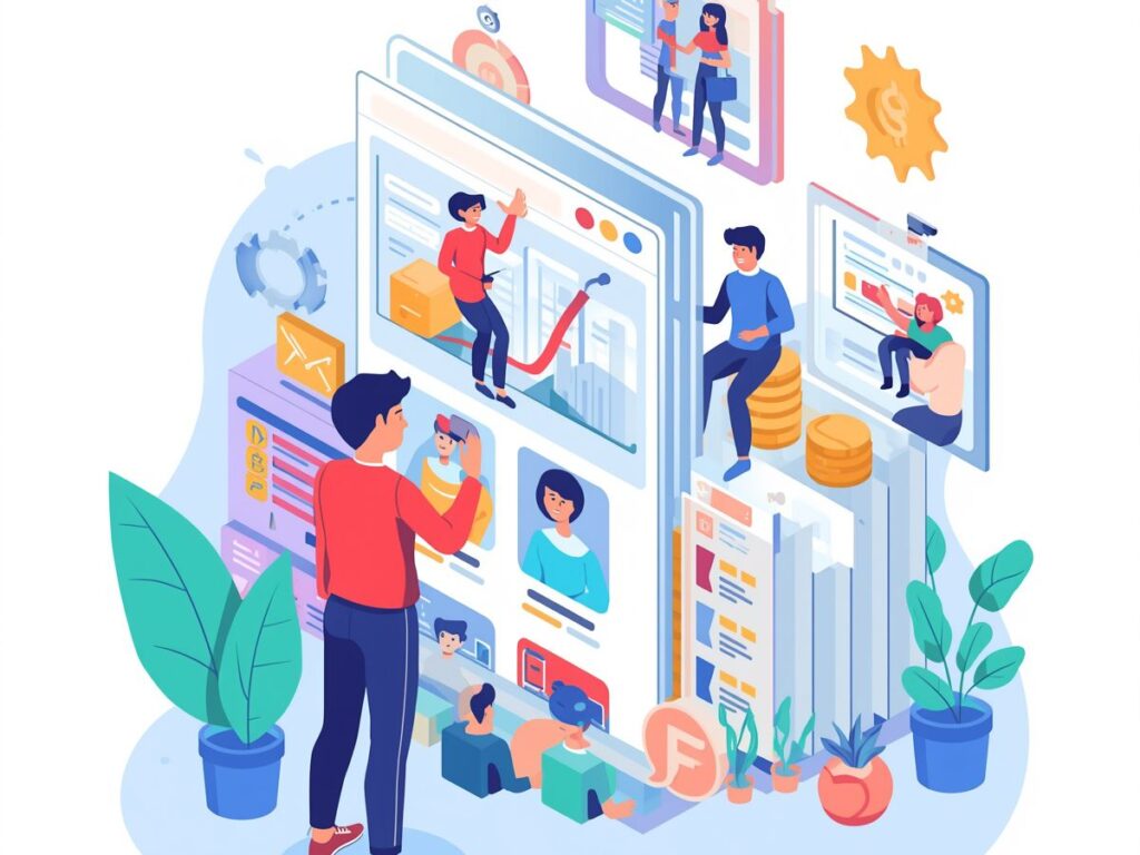 Illustration of people interacting with visual content panels.
