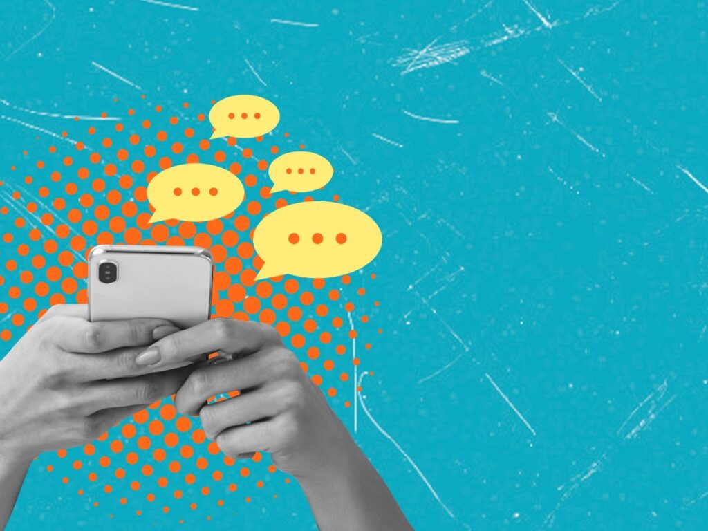 Phone with chat bubbles for updates.