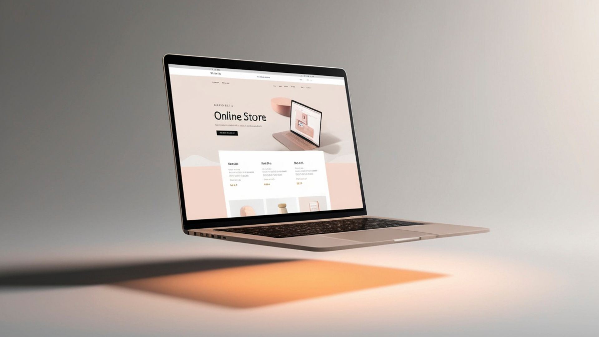 Floating laptop displaying an online store webpage.