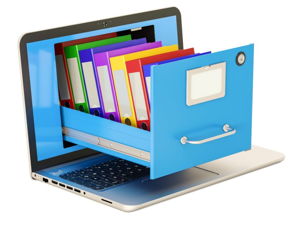 Laptop with colorful file folders.