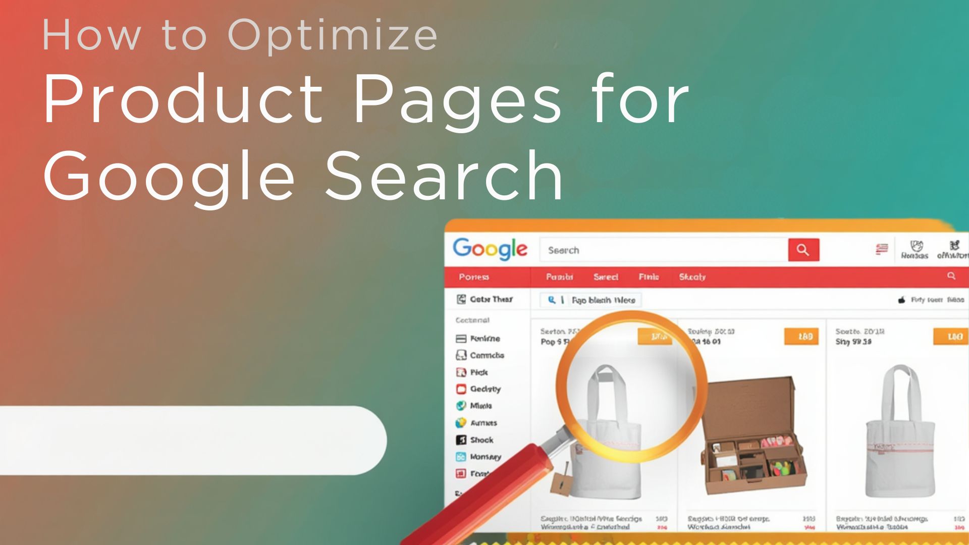 Product page optimization graphic with Google search and magnifying glass.