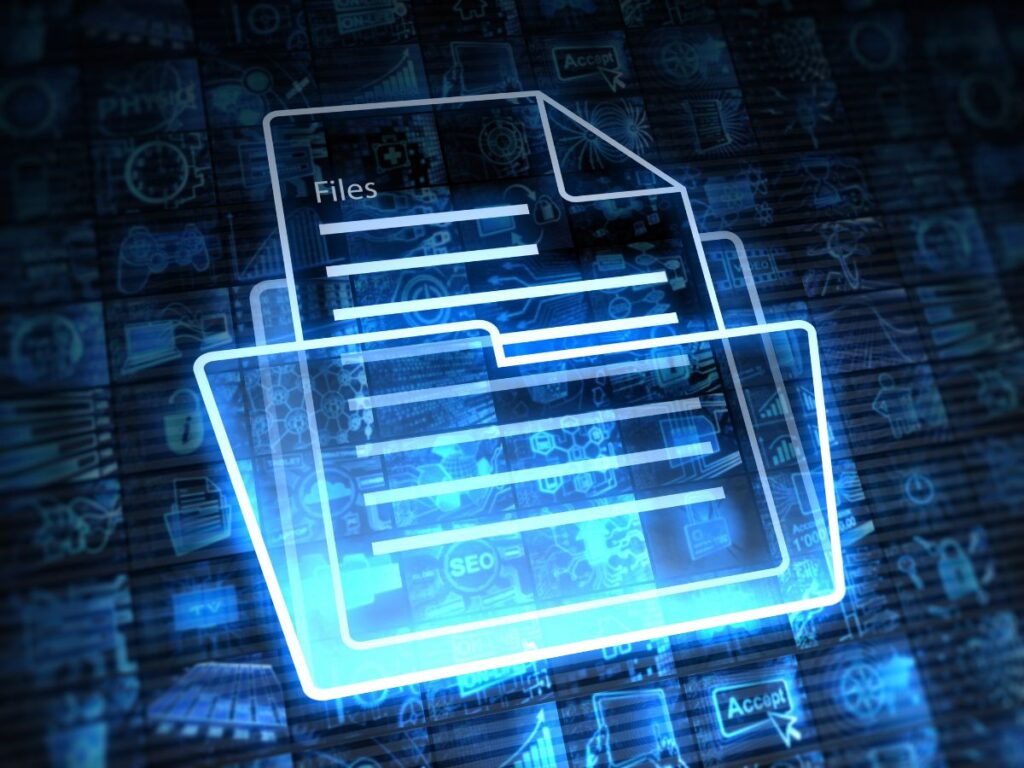 Glowing digital file folder icon.