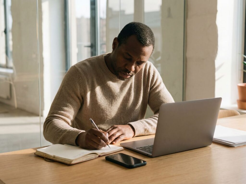 Man writing notes beside a laptop and phone.