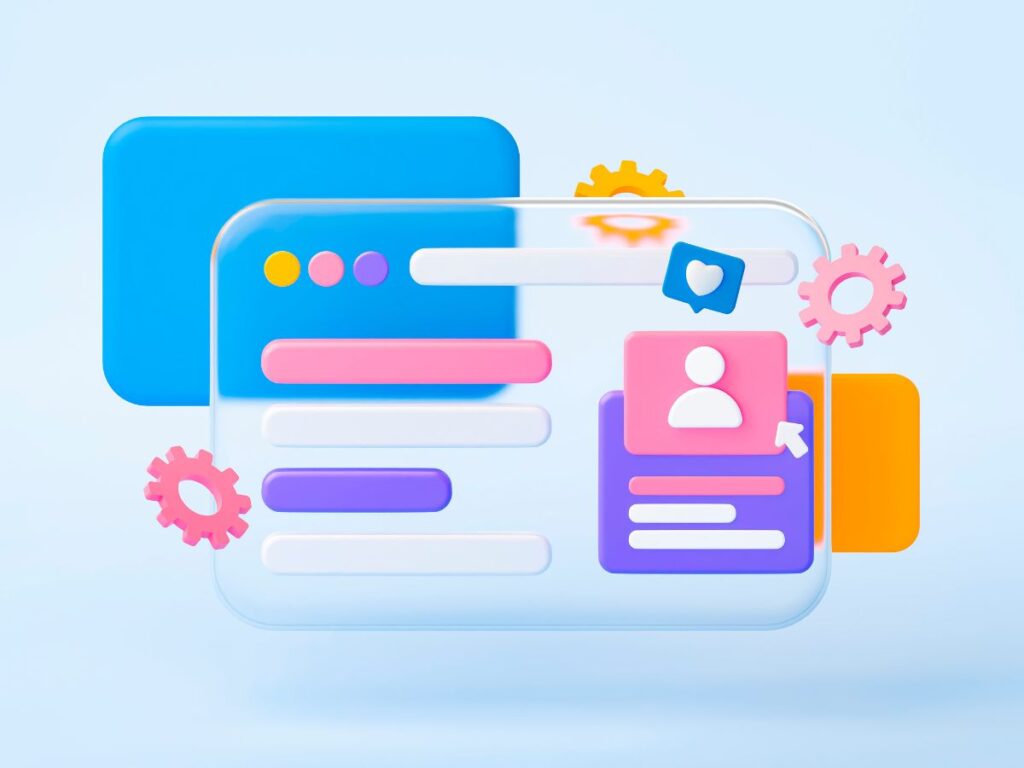 3D website interface with profile card.