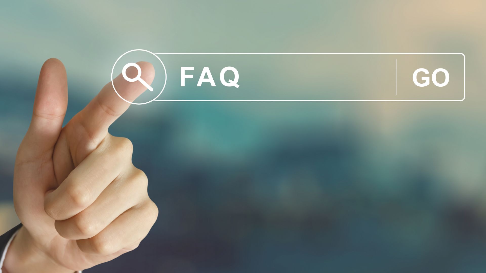 Finger pressing a digital FAQ search bar.