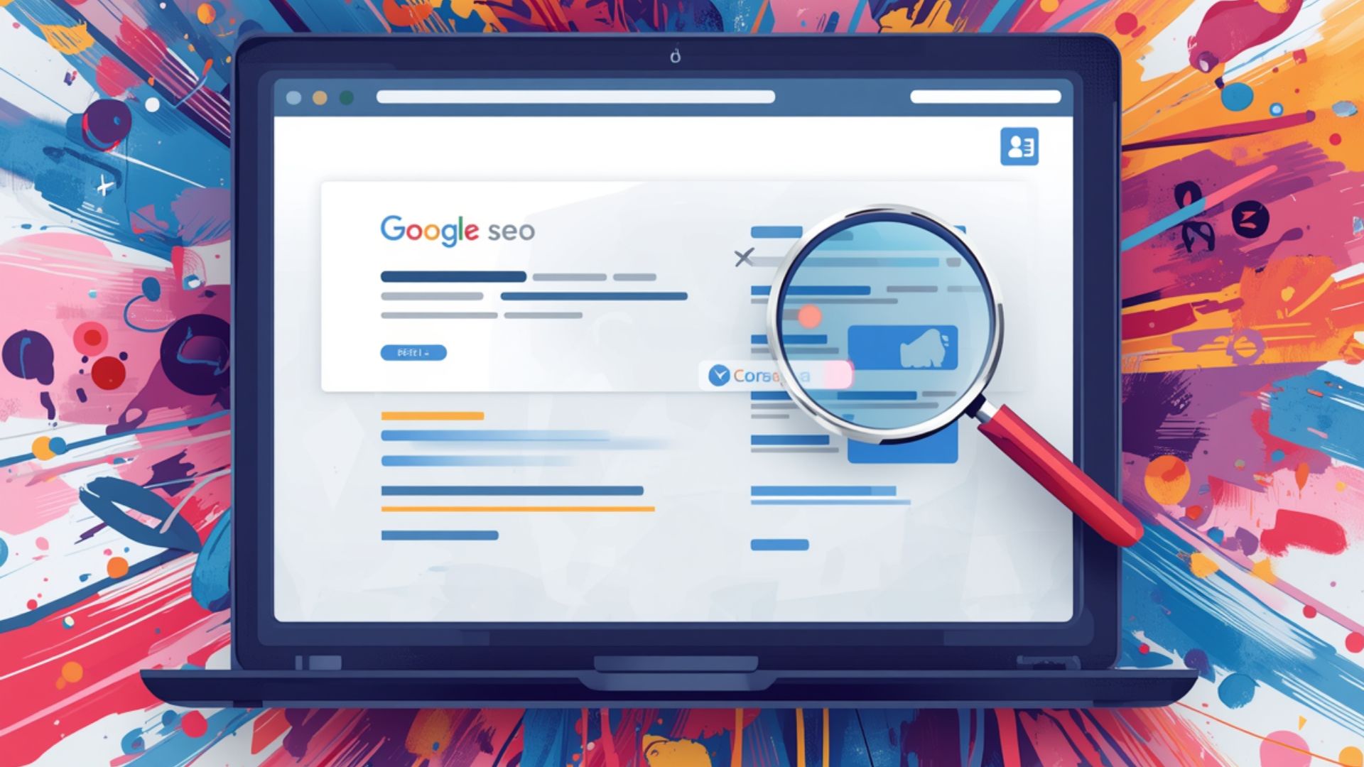 Laptop showing SEO search with a magnifier.