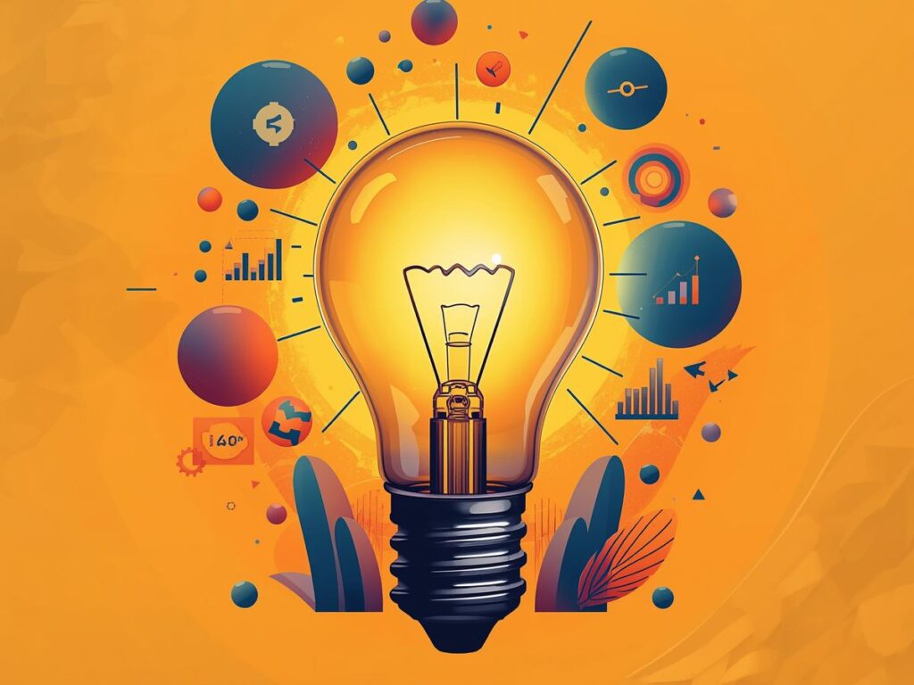 Glowing lightbulb with topic and analytics icons.