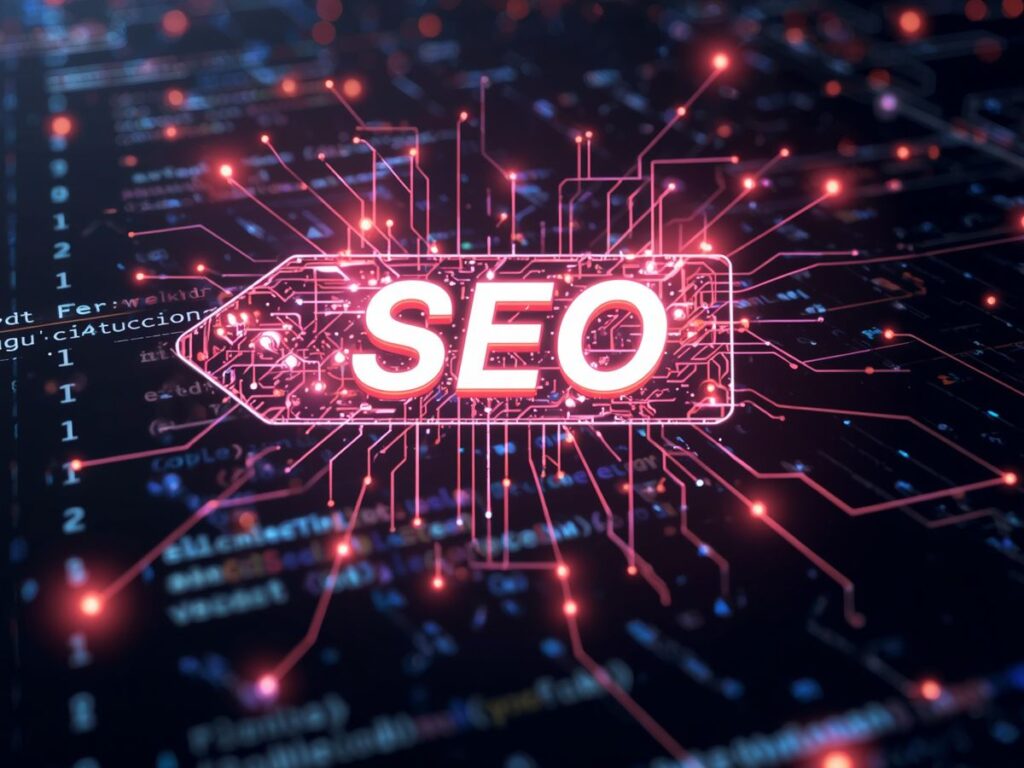 Glowing SEO circuit graphic.