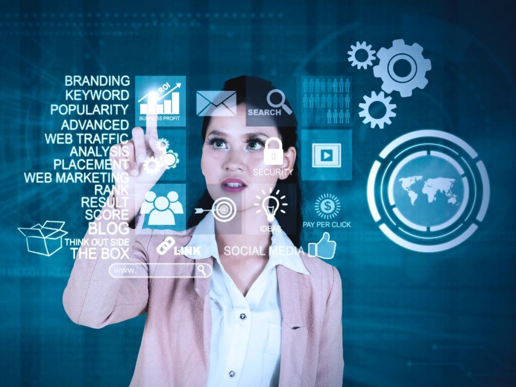 Woman using a digital marketing interface.