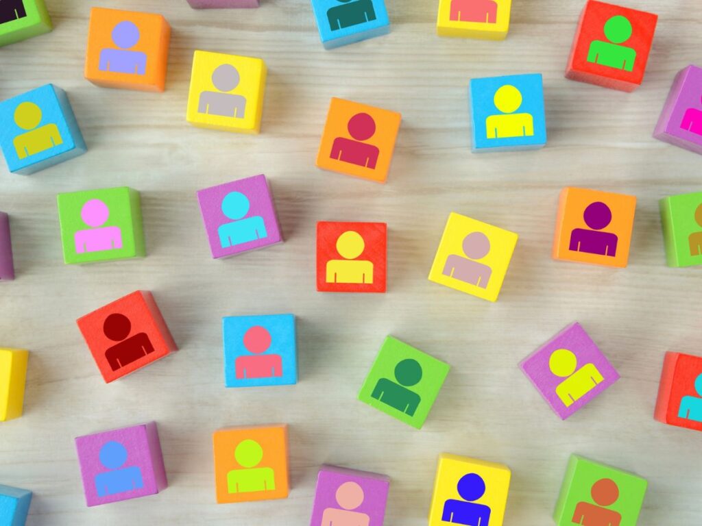 Colorful blocks with profile icons.