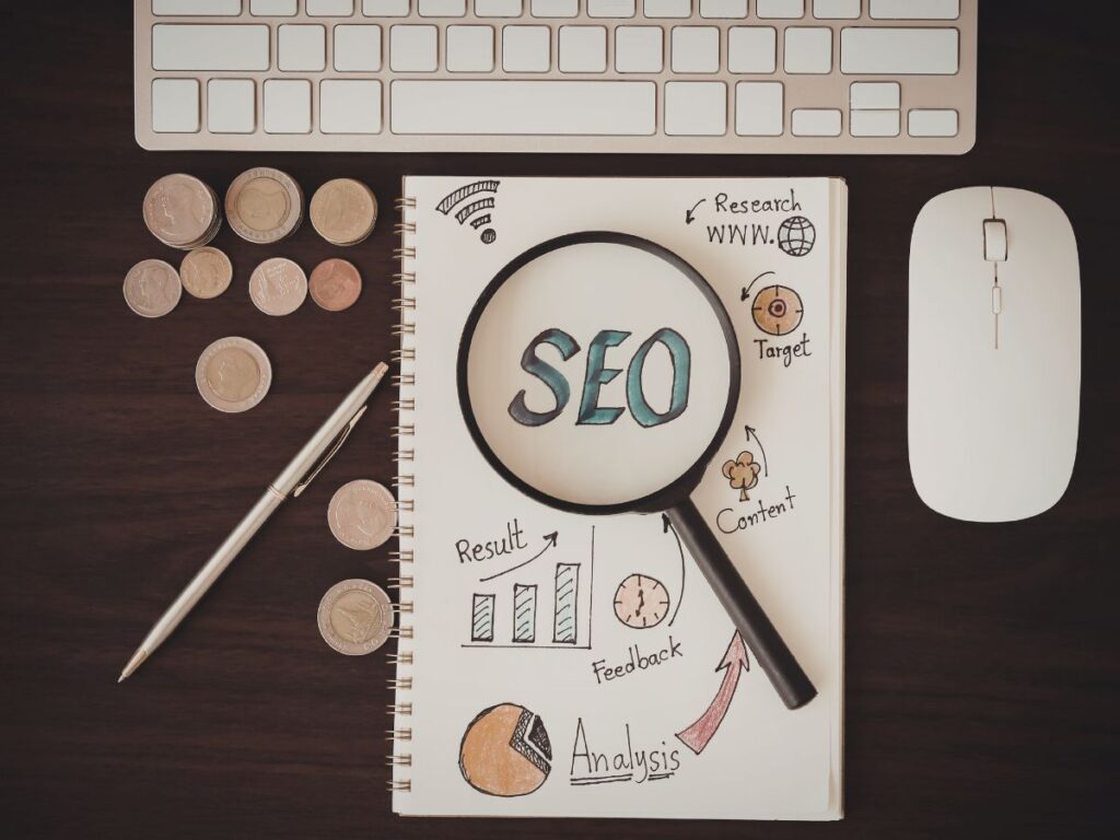 SEO notebook with research and analytics sketches.