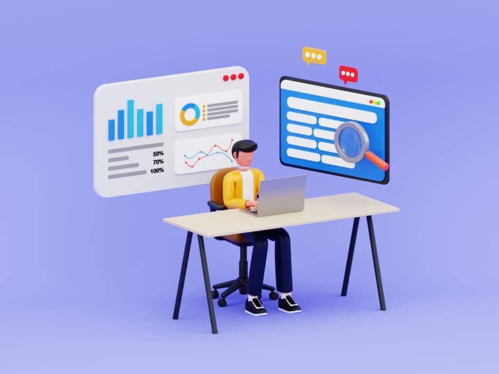 Person analyzing data on laptop with charts and search icons.