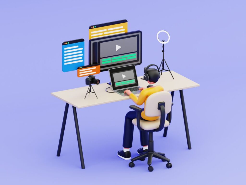 3D creator working on video content at a desk.