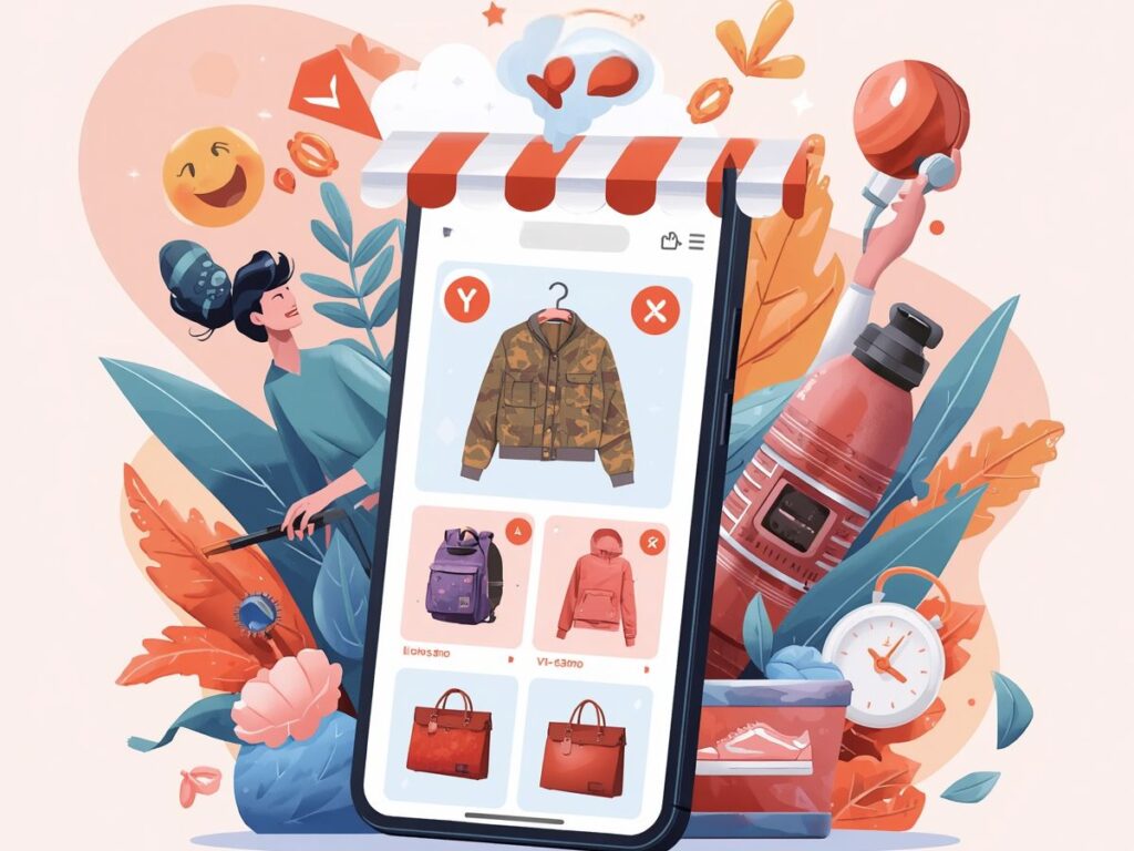 Illustrated shopping app with products, icons, and promotional visuals.