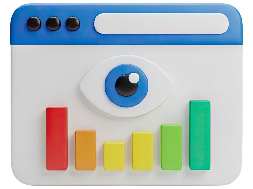 3D browser window with colorful analytics bars.