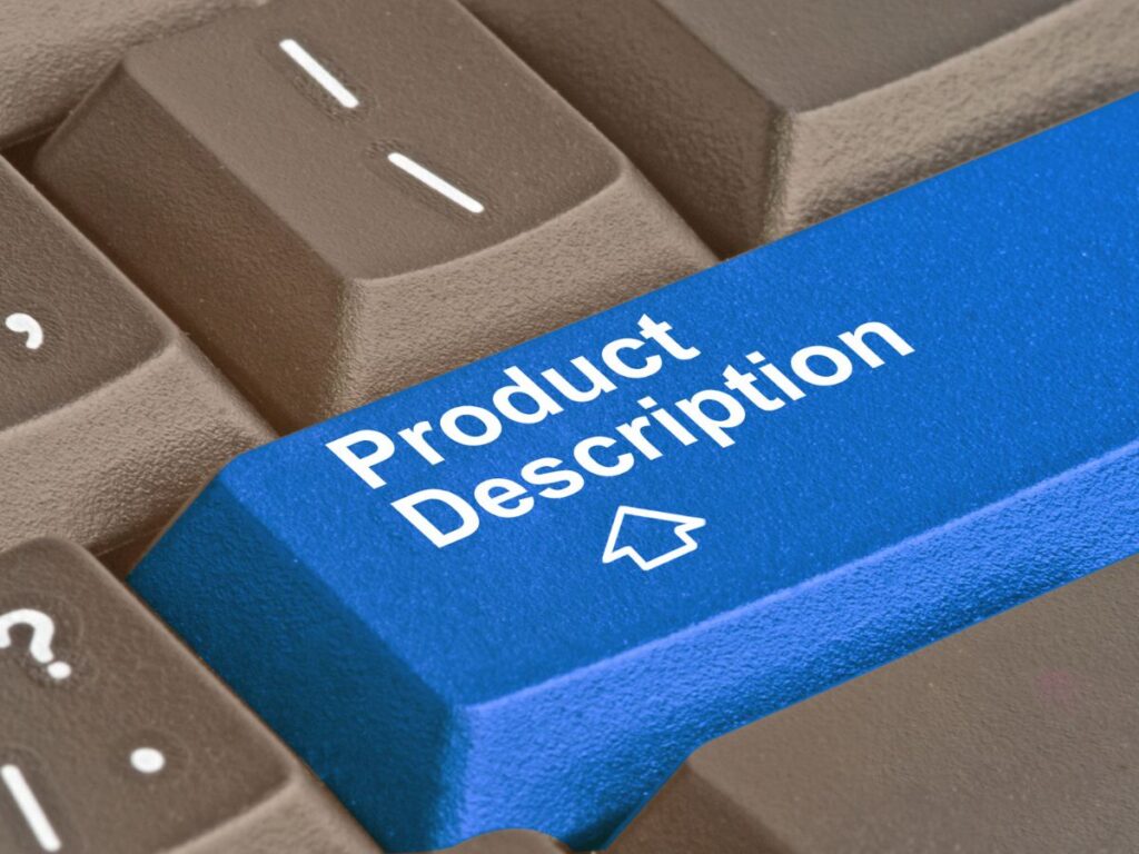 Blue keyboard key labeled “Product Description.”