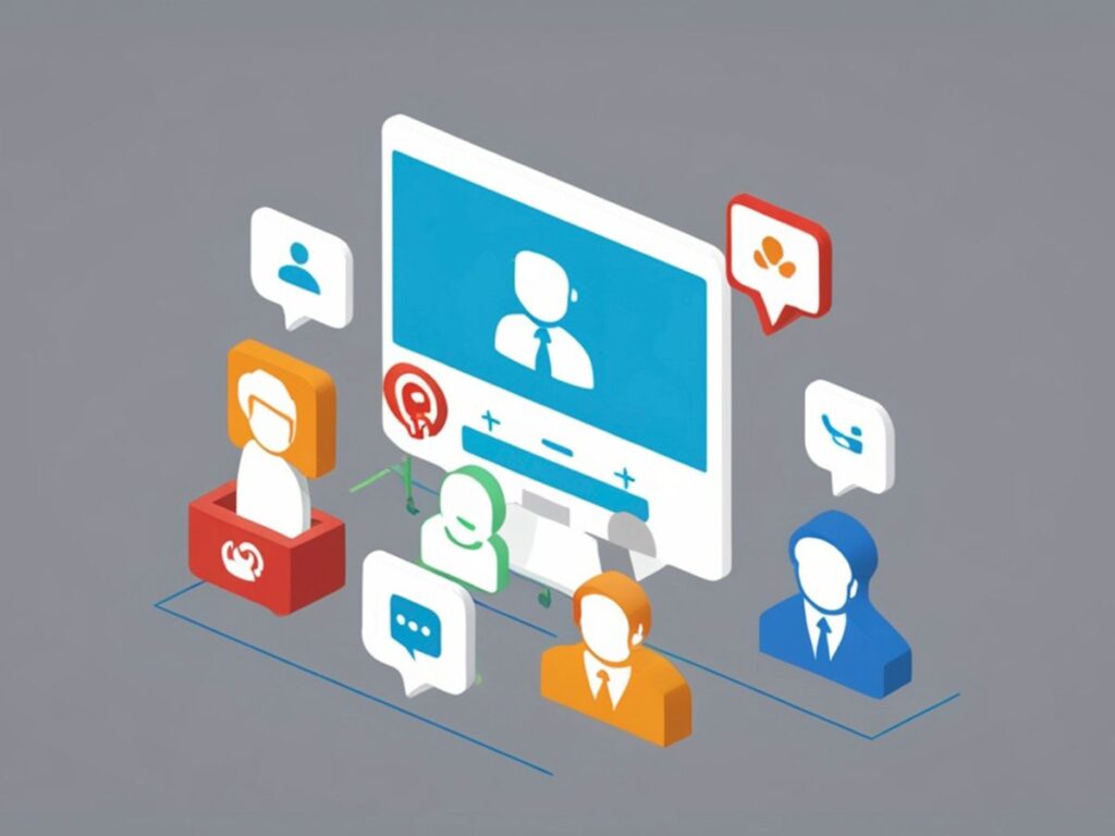 Illustration of online profiles and chat icons around a computer screen.