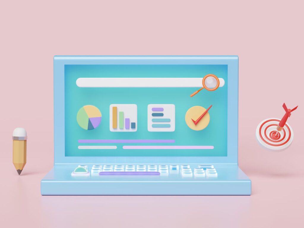 3D laptop screen showing charts, search bar, and target icon.