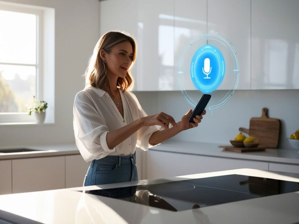 Woman using smartphone with voice assistant icon in kitchen.