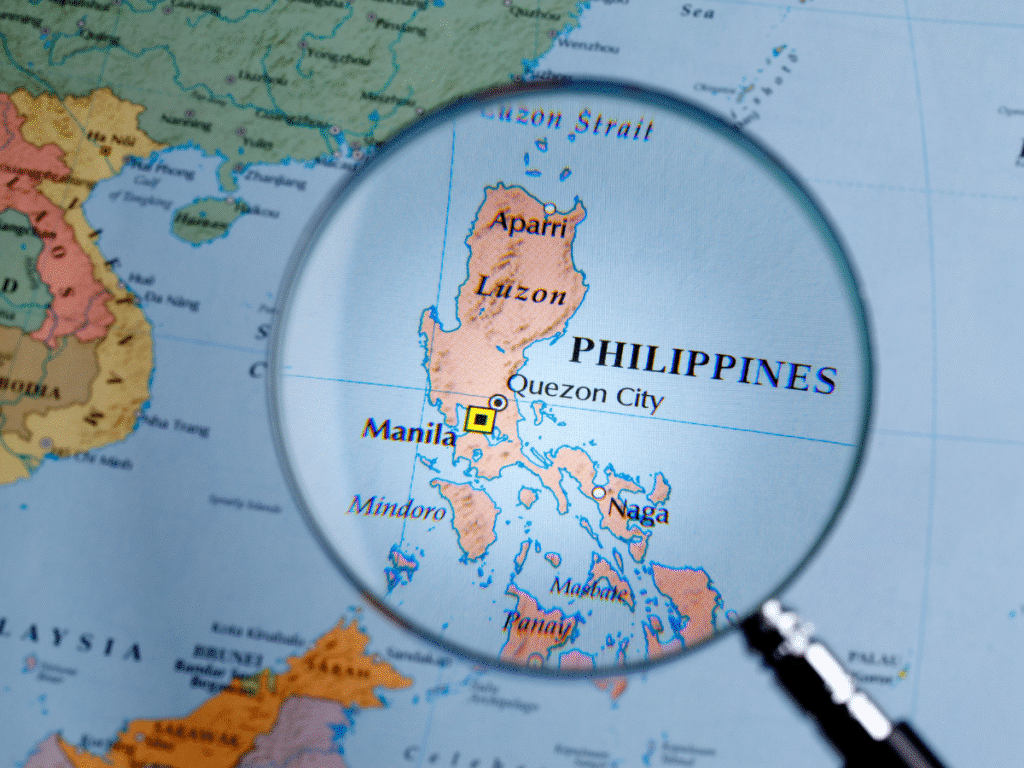 Magnifying glass highlighting Luzon, Philippines on a map.