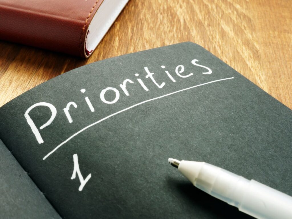 Notebook page labeled “Priorities.”