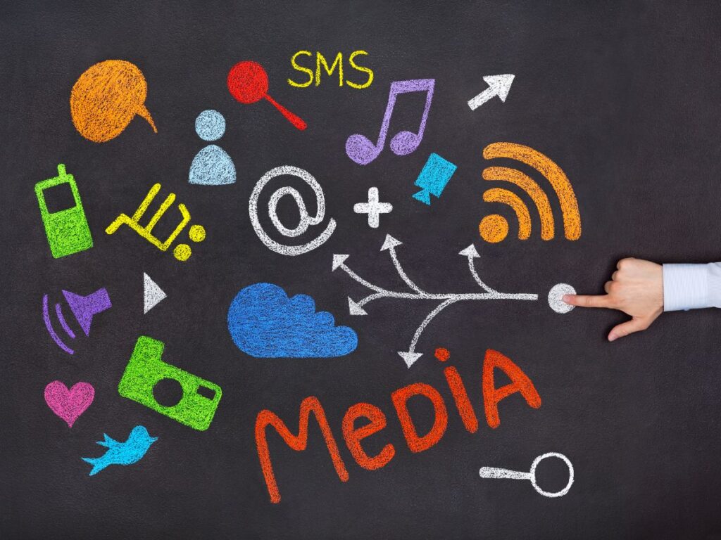 Chalkboard showing colorful media icons.