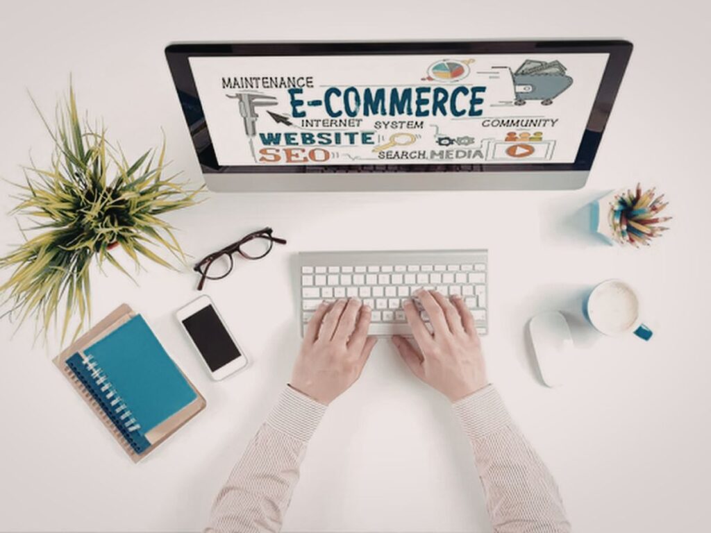 Person working on e-commerce SEO at a desk.