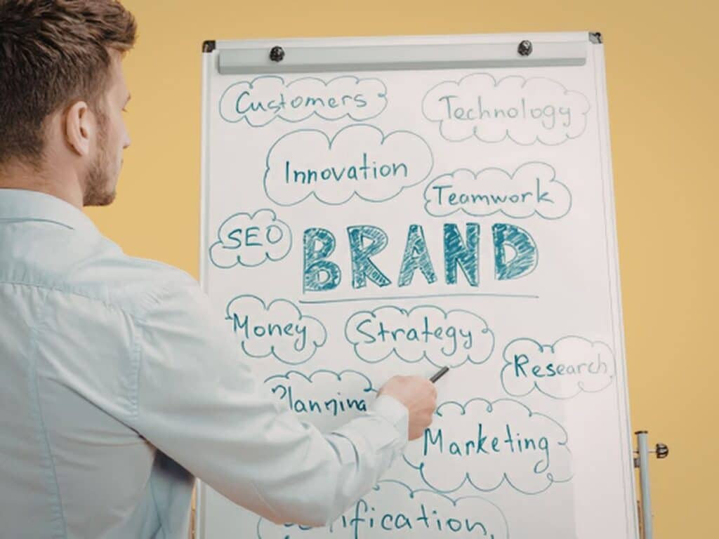 Man presenting brand strategy ideas on a whiteboard.