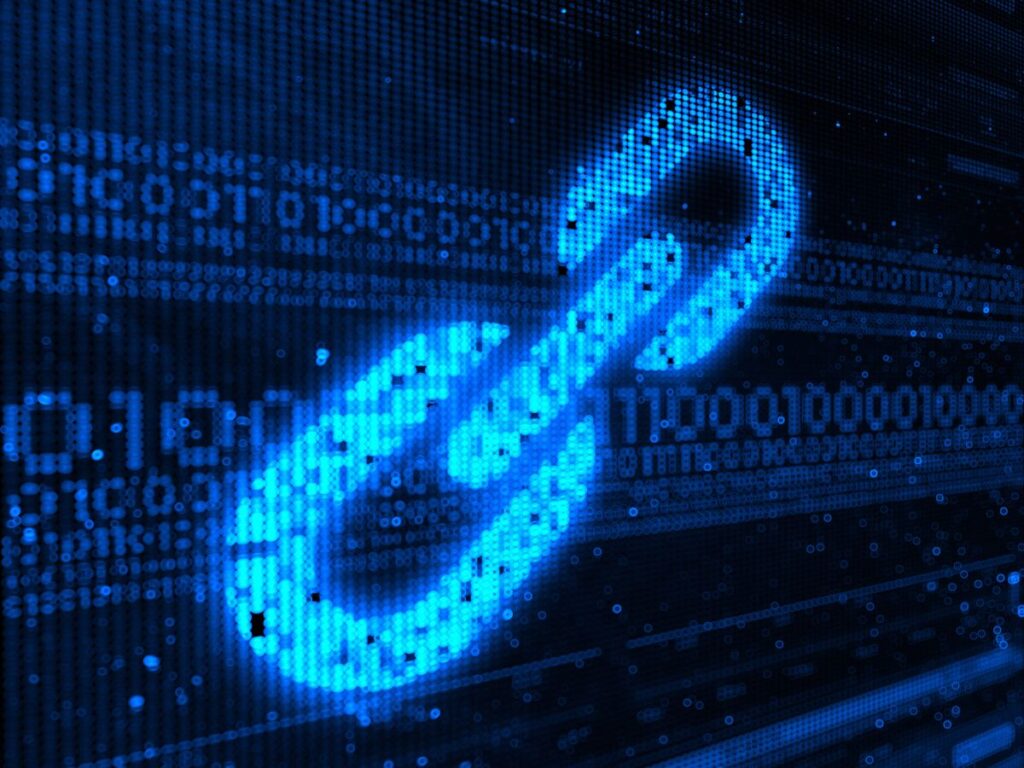Digital chain link over binary code.