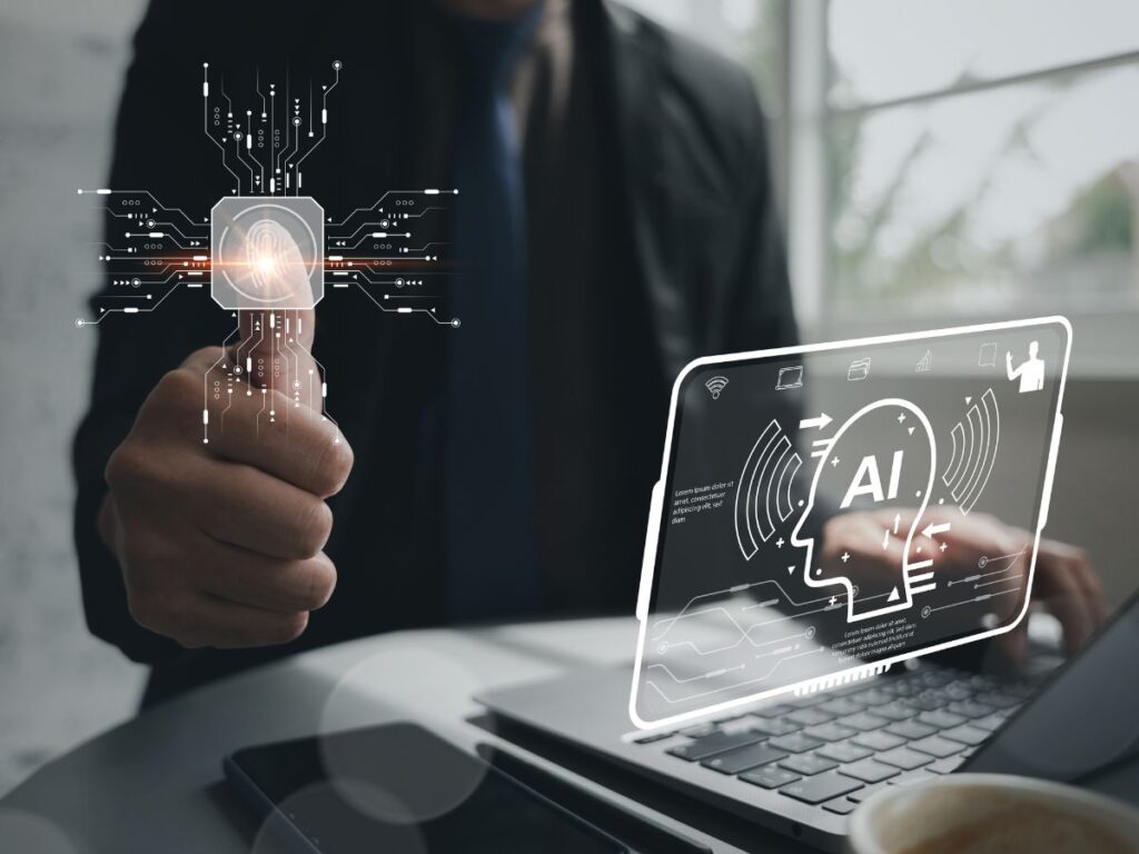 Person using laptop with AI interface and digital fingerprint overlay.