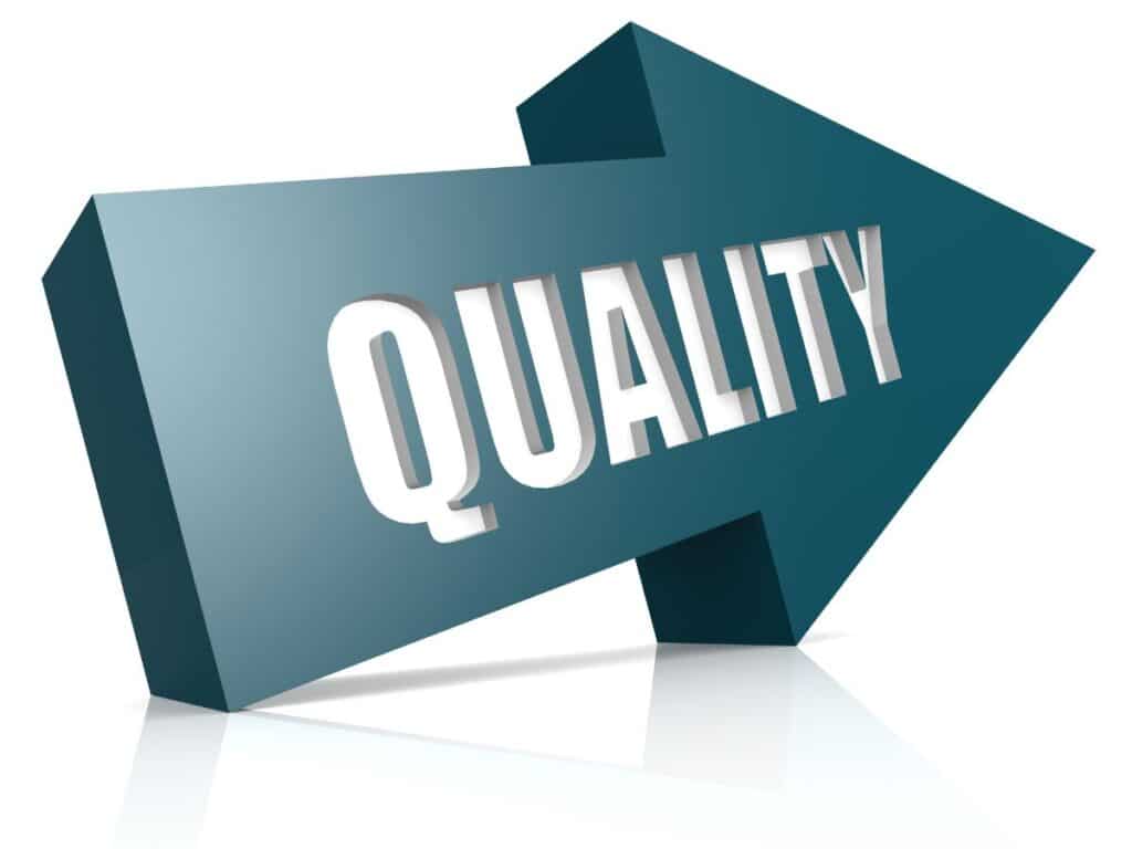 Blue arrow with the word “QUALITY” in bold white letters.