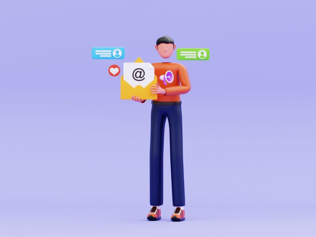 3D figure holding email outreach icons.