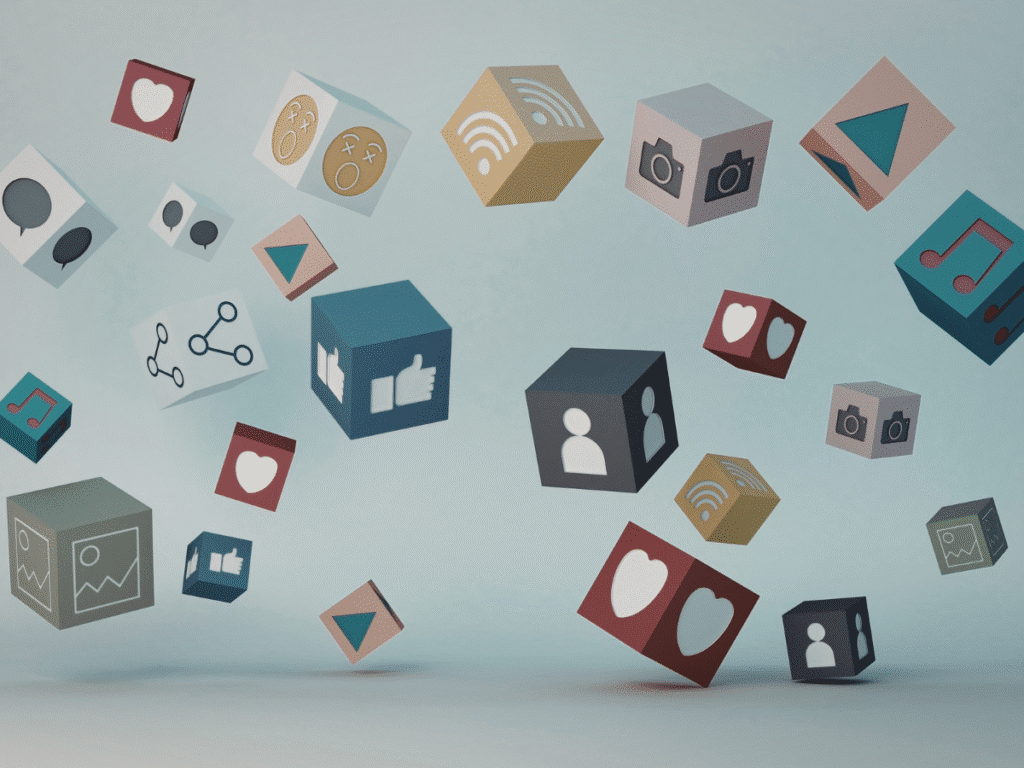 Floating cubes with social media and digital icons.