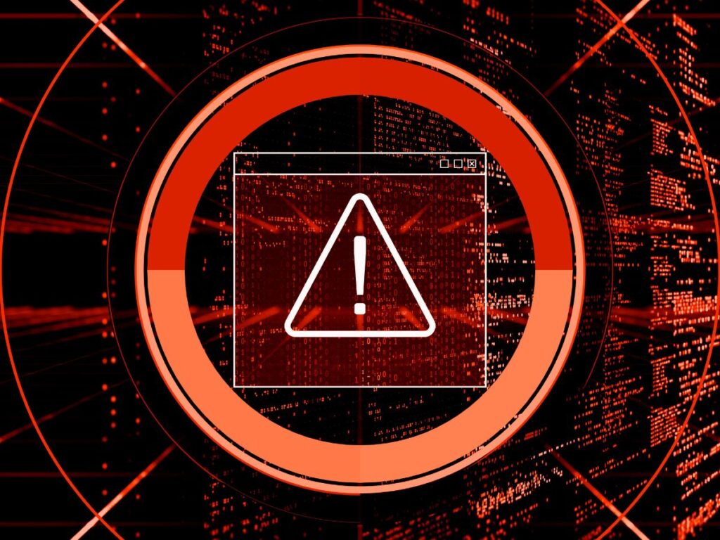 Red warning icon over a digital background.