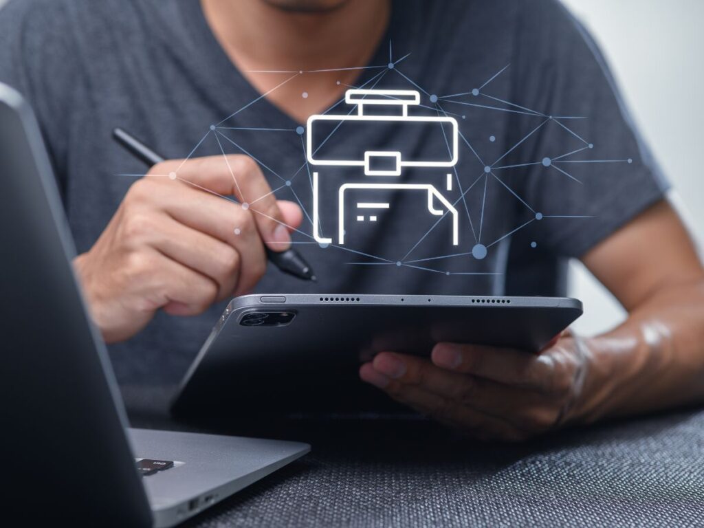 Person using tablet with printer icon.