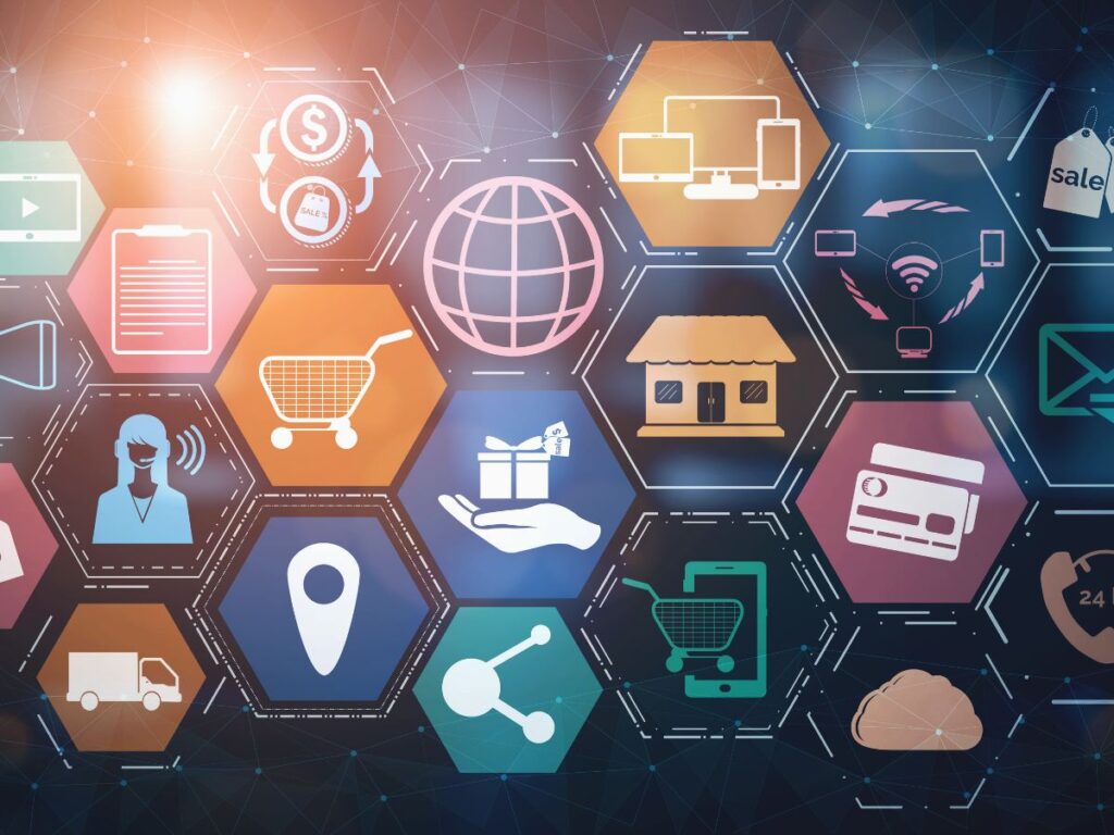 Digital commerce icons in connected hexagons