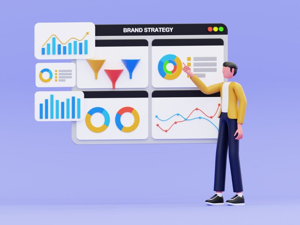 3D figure presenting a brand strategy dashboard with colorful charts.