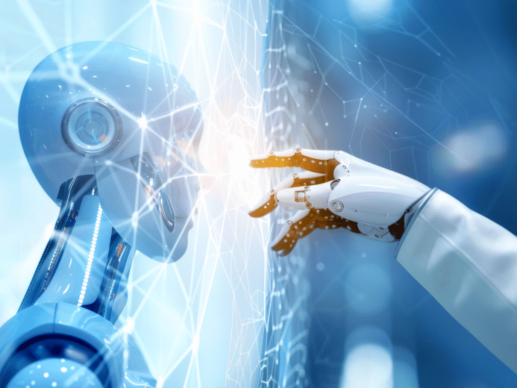 Two robots touching fingers with glowing digital network lines.