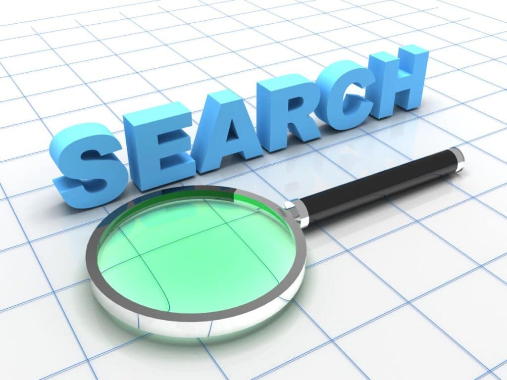Magnifying glass beside the word “SEARCH” in large blue letters.
