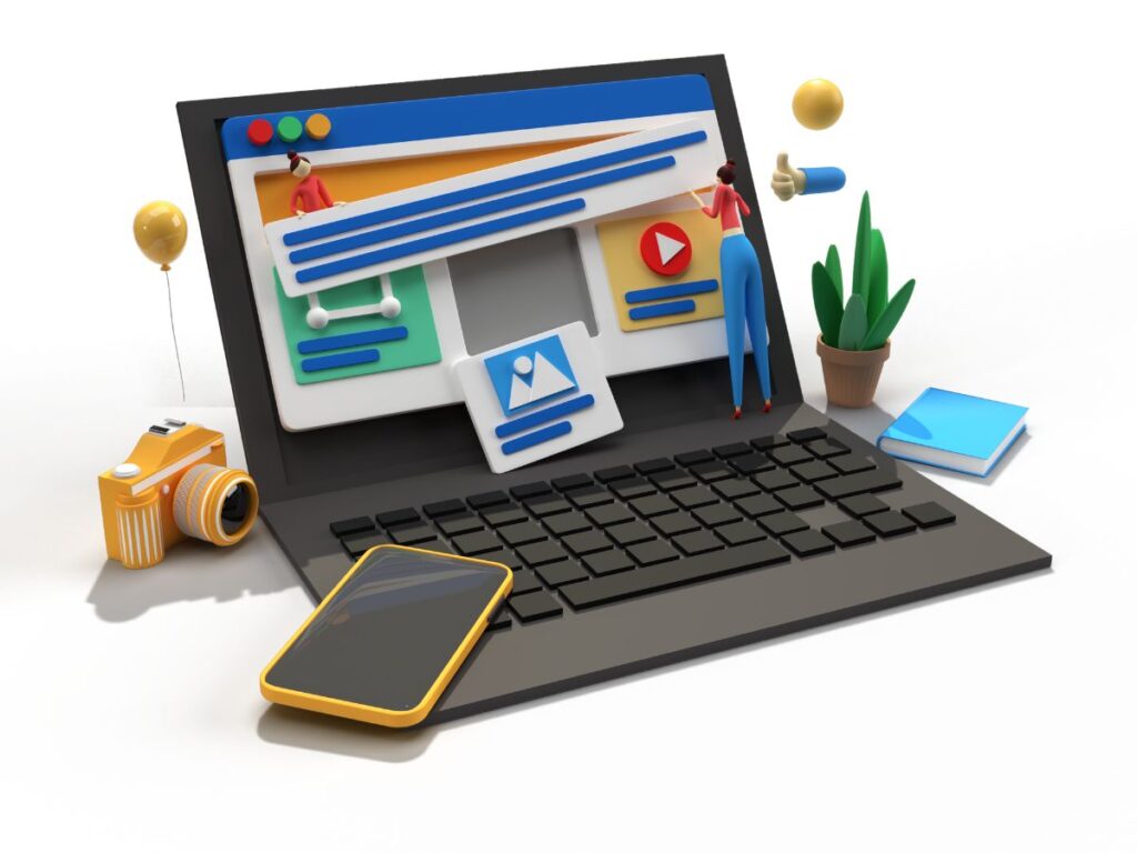 3D laptop showing a structured content layout.