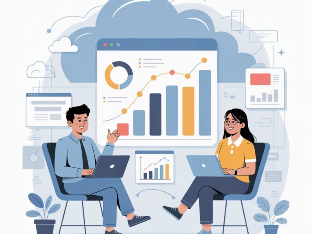 Two people analyzing charts and dashboard insights on laptops.