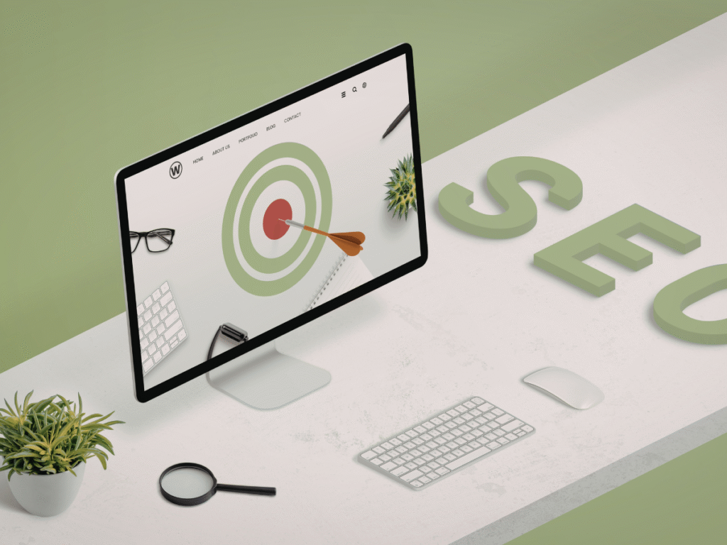 Desktop monitor with target graphic and SEO letters on a clean desk.