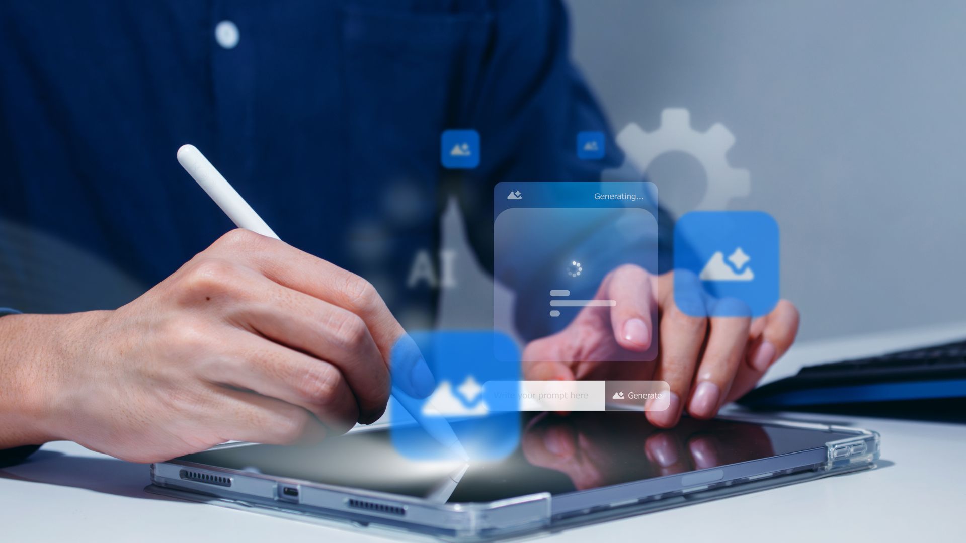 Person using a stylus on a tablet with AI interface icons floating above.