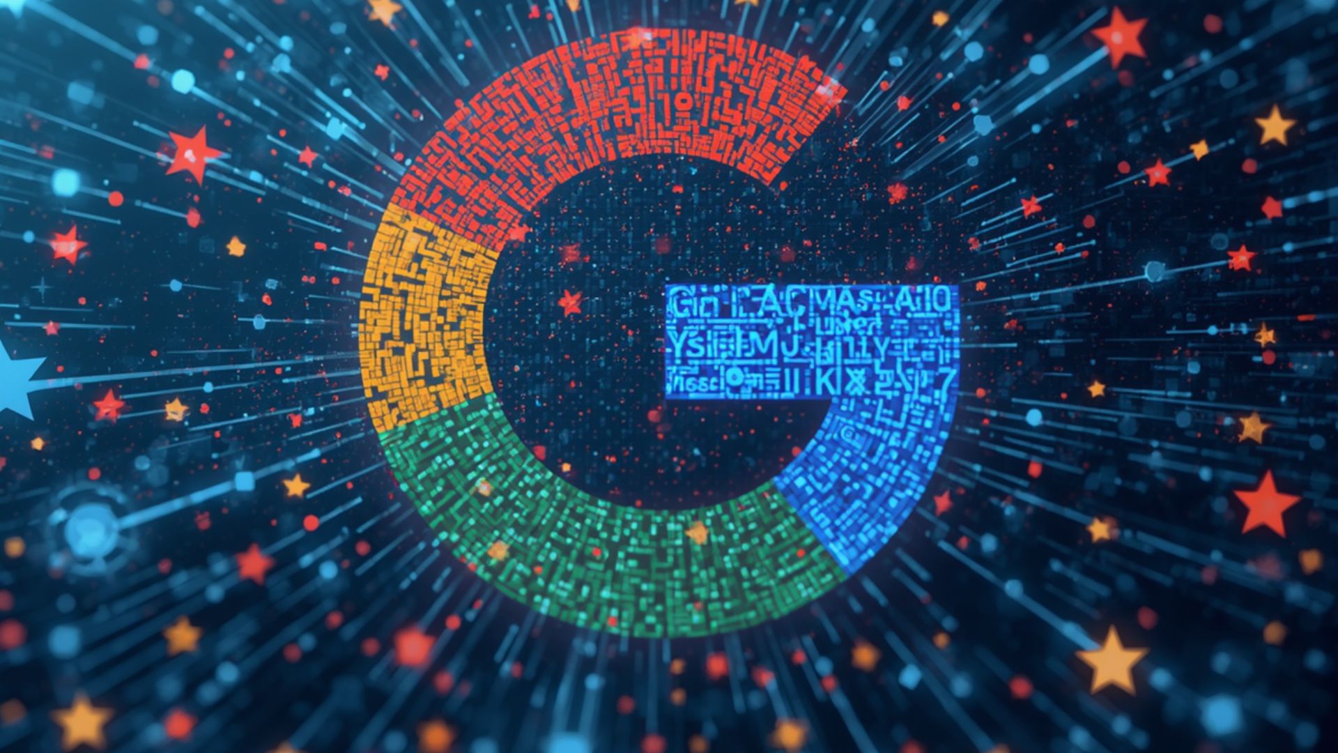 Colorful Google “G” with digital stars and data lines.