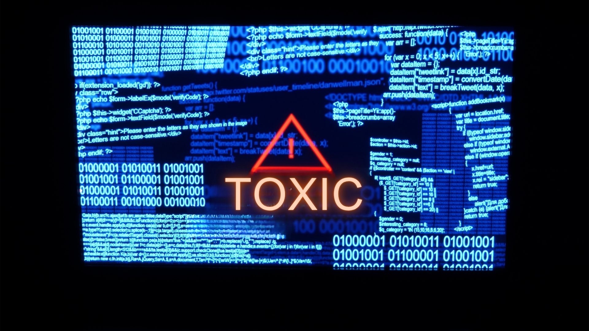 Warning sign over toxic code graphics.