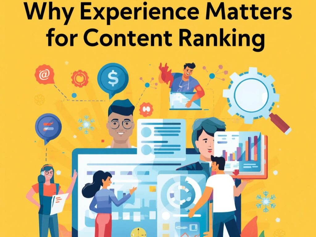 Experience ranking graphic with content and analytics icons.