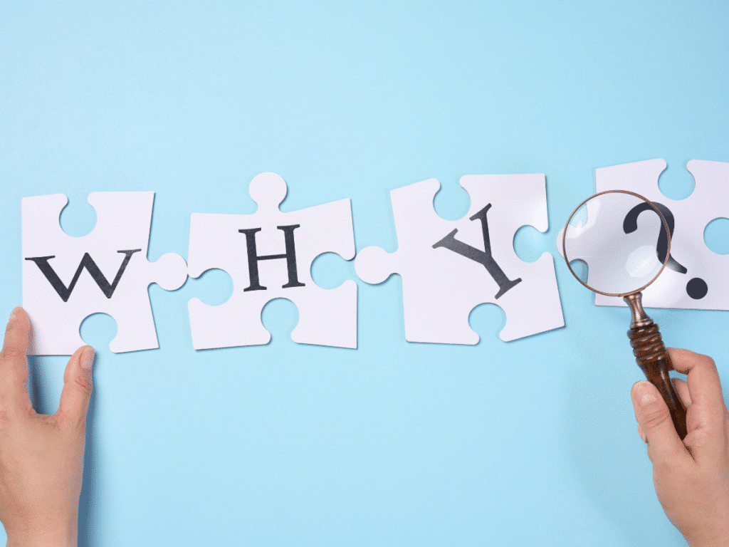 Puzzle pieces spelling “WHY?” with a magnifying glass.