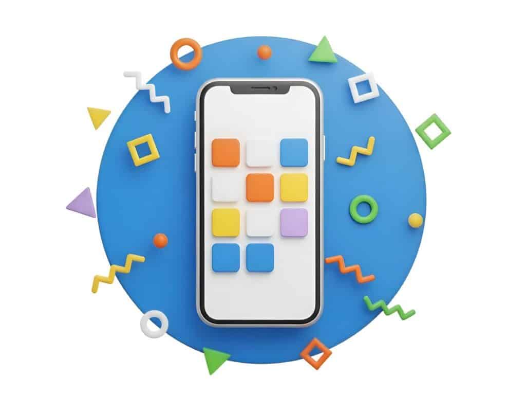 3D smartphone with colorful app icons and abstract shapes around it.